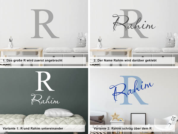 Verschiedene Anordnungen des Wandtattoos Rahim