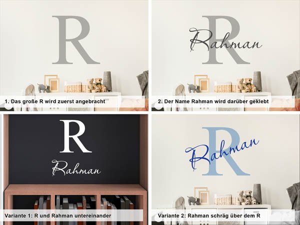 Verschiedene Anordnungen des Wandtattoos Rahman