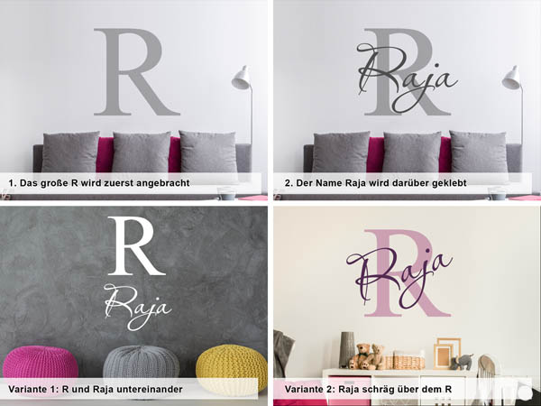 Verschiedene Anordnungen des Wandtattoos Raja