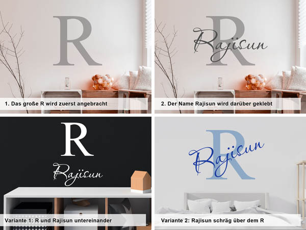 Verschiedene Anordnungen des Wandtattoos Rajisun