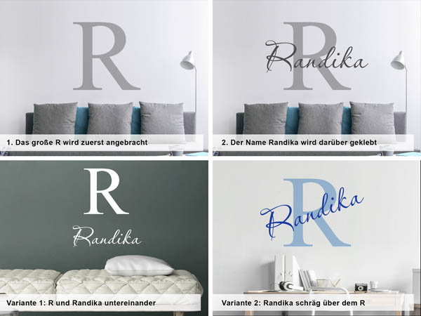 Verschiedene Anordnungen des Wandtattoos Randika