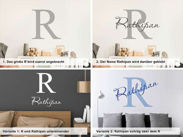 Verschiedene Anordnungen des Wandtattoos Rathipan