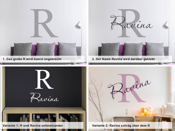 Verschiedene Anordnungen des Wandtattoos Ravina