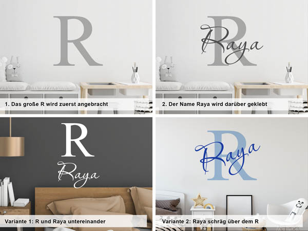 Verschiedene Anordnungen des Wandtattoos Raya