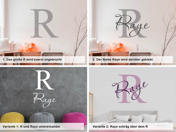 Verschiedene Anordnungen des Wandtattoos Raye