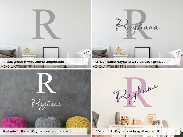Verschiedene Anordnungen des Wandtattoos Rayhana