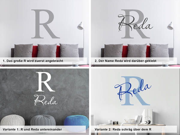 Verschiedene Anordnungen des Wandtattoos Reda