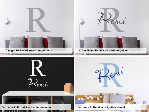 Verschiedene Anordnungen des Wandtattoos Remi