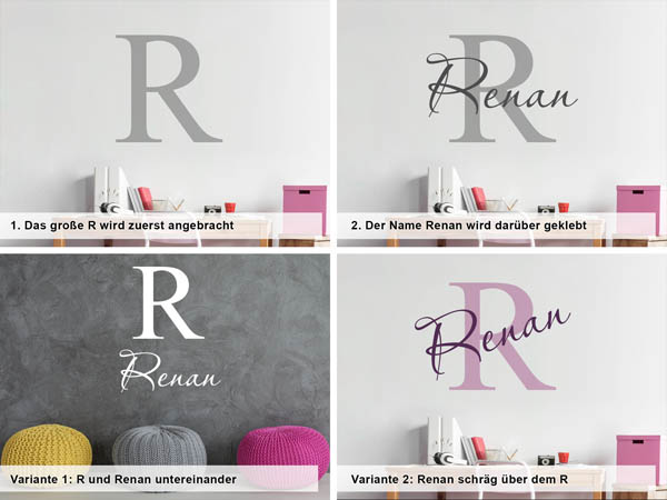 Verschiedene Anordnungen des Wandtattoos Renan