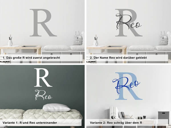 Verschiedene Anordnungen des Wandtattoos Reo