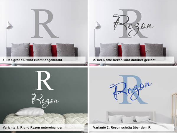 Verschiedene Anordnungen des Wandtattoos Rezon