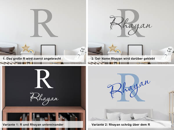 Verschiedene Anordnungen des Wandtattoos Rhayan