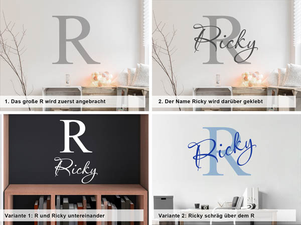 Verschiedene Anordnungen des Wandtattoos Ricky
