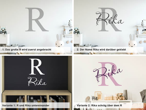 Verschiedene Anordnungen des Wandtattoos Rika