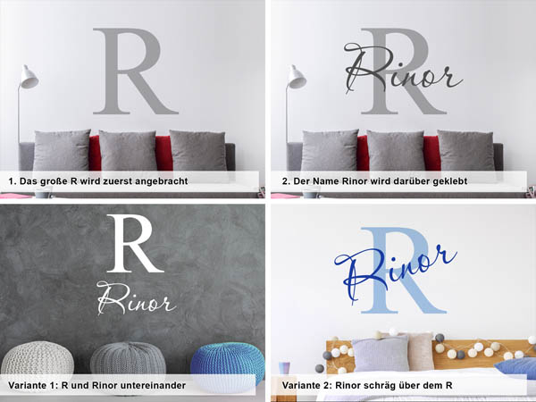 Verschiedene Anordnungen des Wandtattoos Rinor