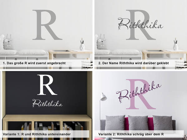 Verschiedene Anordnungen des Wandtattoos Riththika
