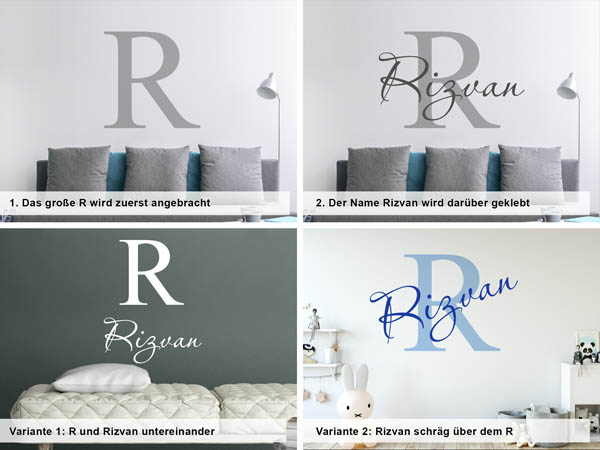 Verschiedene Anordnungen des Wandtattoos Rizvan