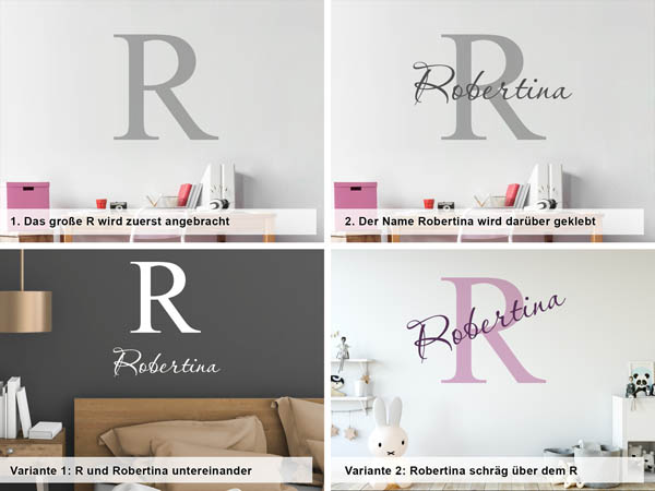 Verschiedene Anordnungen des Wandtattoos Robertina