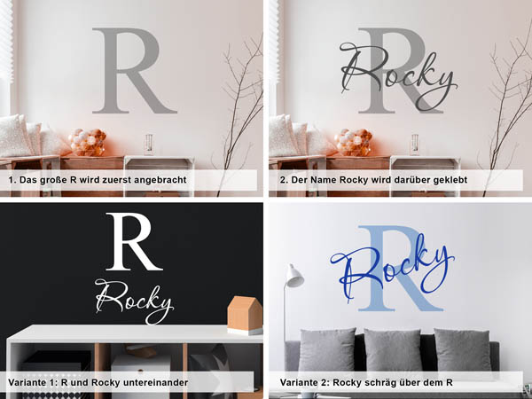 Verschiedene Anordnungen des Wandtattoos Rocky
