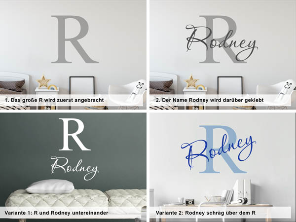Verschiedene Anordnungen des Wandtattoos Rodney