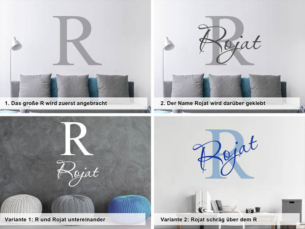 Verschiedene Anordnungen des Wandtattoos Rojat