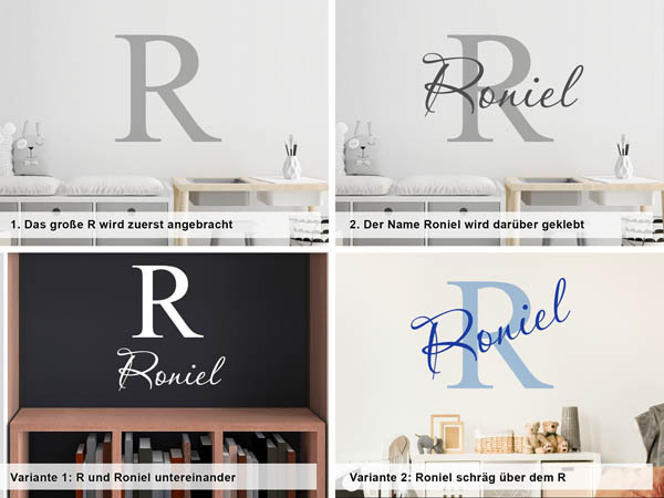 Verschiedene Anordnungen des Wandtattoos Roniel