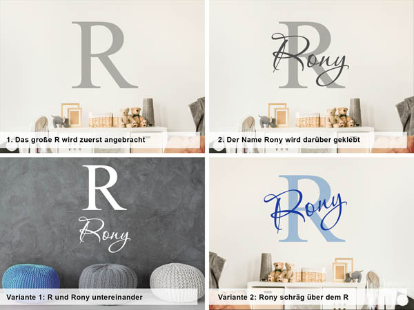 Verschiedene Anordnungen des Wandtattoos Rony