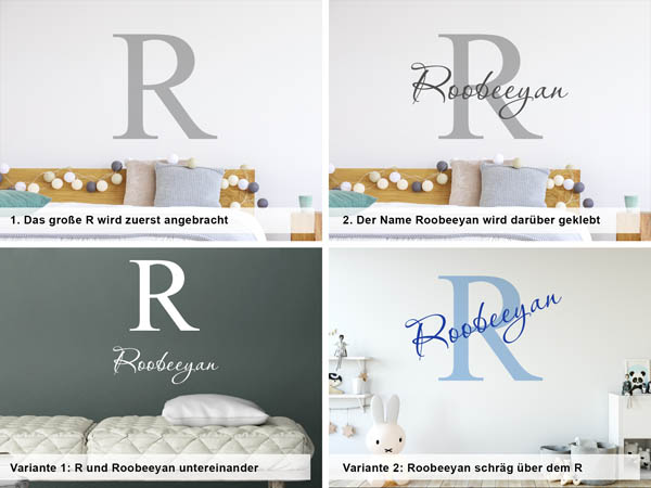 Verschiedene Anordnungen des Wandtattoos Roobeeyan