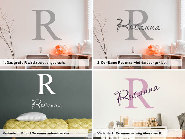 Verschiedene Anordnungen des Wandtattoos Rosanna