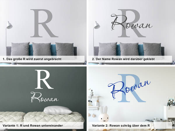 Verschiedene Anordnungen des Wandtattoos Rowan