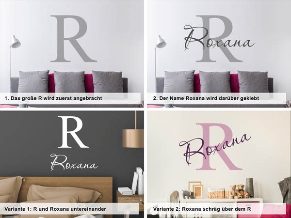 Verschiedene Anordnungen des Wandtattoos Roxana