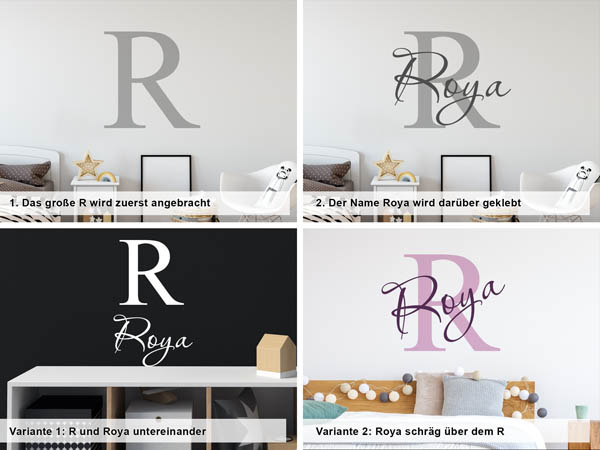Verschiedene Anordnungen des Wandtattoos Roya
