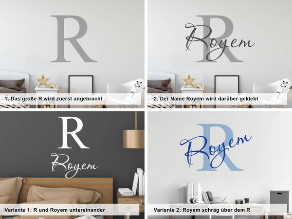 Verschiedene Anordnungen des Wandtattoos Royem