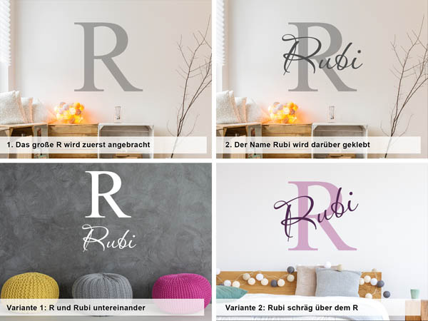 Verschiedene Anordnungen des Wandtattoos Rubi