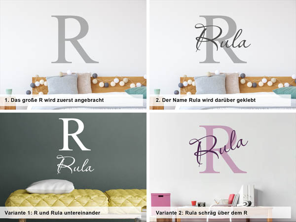 Verschiedene Anordnungen des Wandtattoos Rula