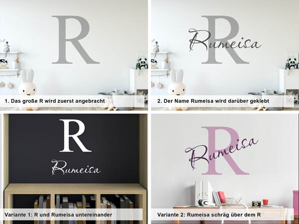 Verschiedene Anordnungen des Wandtattoos Rumeisa