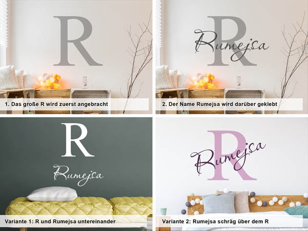 Verschiedene Anordnungen des Wandtattoos Rumejsa