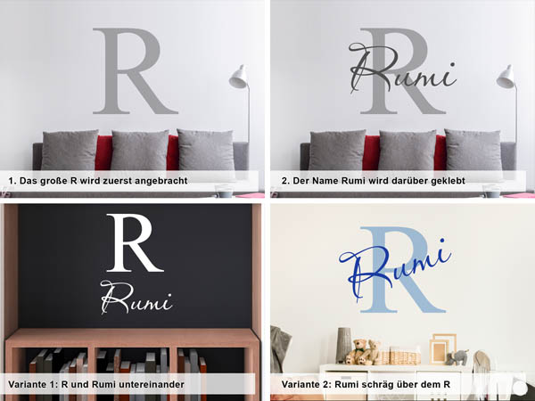 Verschiedene Anordnungen des Wandtattoos Rumi