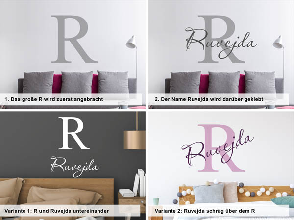Verschiedene Anordnungen des Wandtattoos Ruvejda