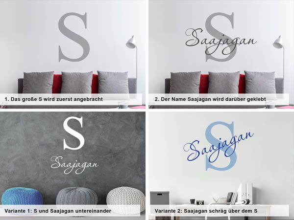 Verschiedene Anordnungen des Wandtattoos Saajagan