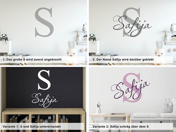 Verschiedene Anordnungen des Wandtattoos Safija