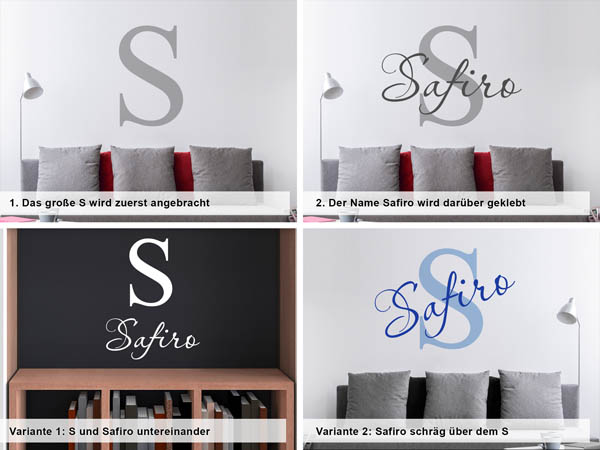 Verschiedene Anordnungen des Wandtattoos Safiro