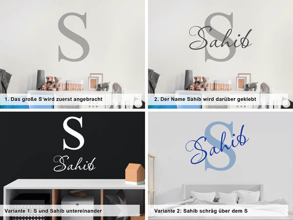 Verschiedene Anordnungen des Wandtattoos Sahib