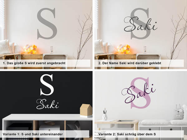 Verschiedene Anordnungen des Wandtattoos Saki