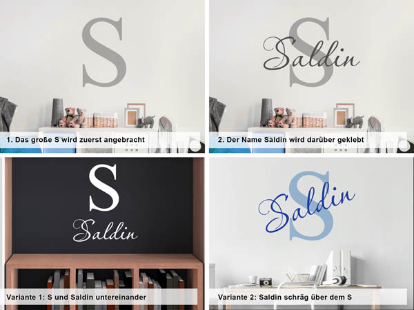 Verschiedene Anordnungen des Wandtattoos Saldin