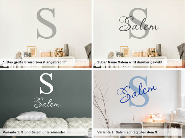 Verschiedene Anordnungen des Wandtattoos Salem