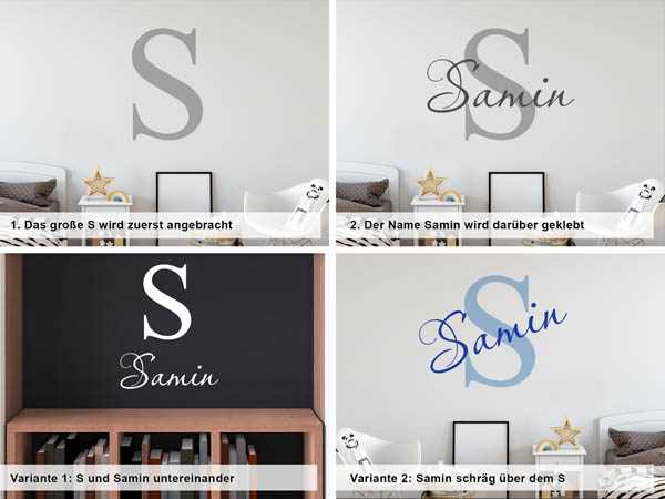 Verschiedene Anordnungen des Wandtattoos Samin