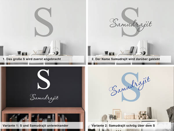 Verschiedene Anordnungen des Wandtattoos Samudrajit