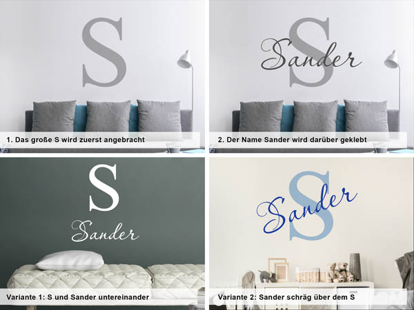 Verschiedene Anordnungen des Wandtattoos Sander