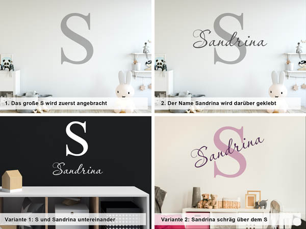 Verschiedene Anordnungen des Wandtattoos Sandrina